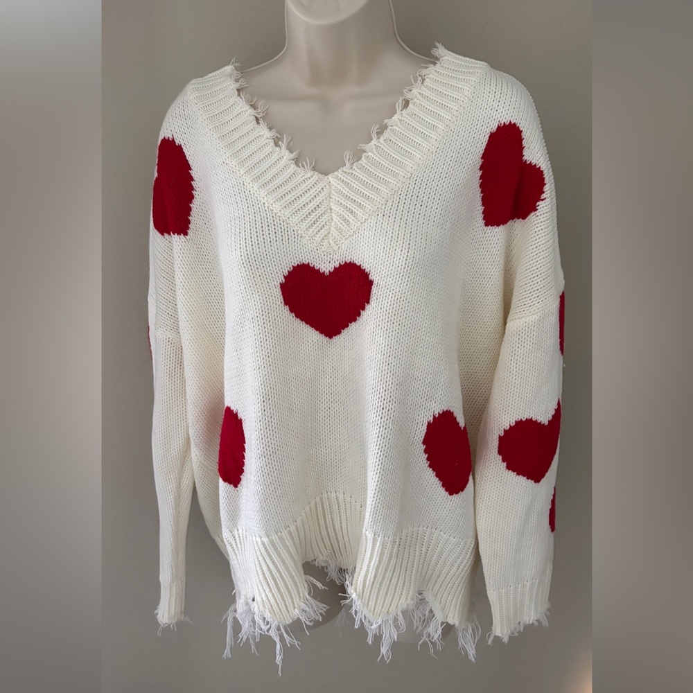 Main Strip V-Neck Sweater with Red Hearts
